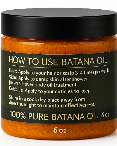 Jar of 100% Pure Batana Oil with usage instructions on a white background
