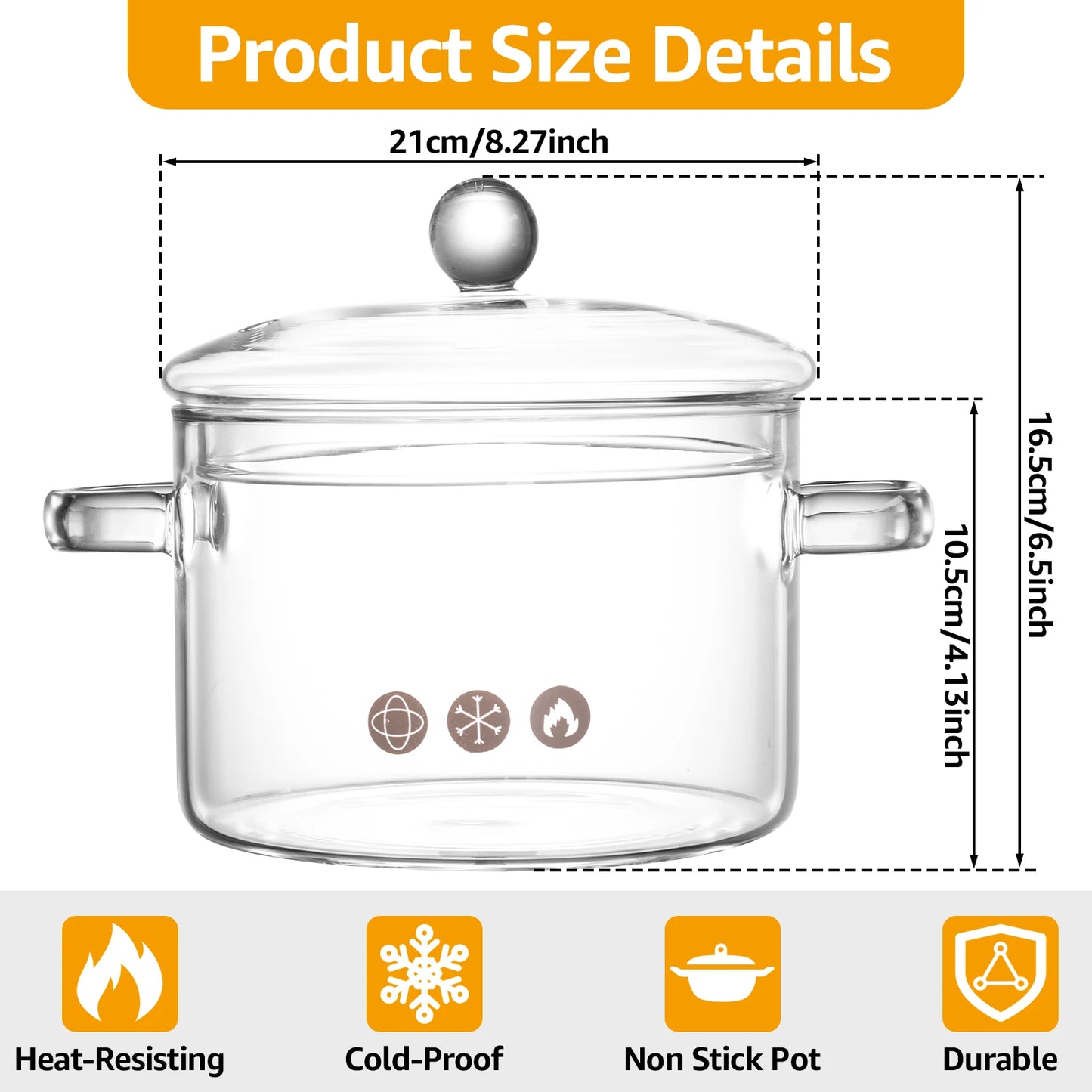 1.5/1.6L Glass Saucepan Clear Heat Resistant Stockpot Evenly Heated Double Handle Cookware Pot Non Stick Kitchen Cooking Tools